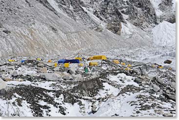 Everest Base Camp lies about one mile up the glacier past the 'Everest Base Camp Sign' where most trekkers stop.