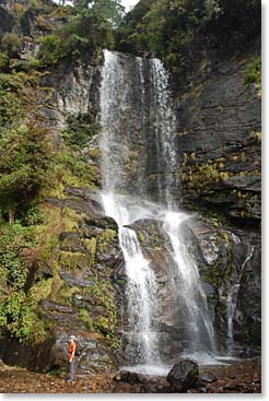 A beautiful waterfall cascades along the trail