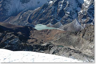 Looking down at the stunning blue lakes near base camp – beauty worthy of tears