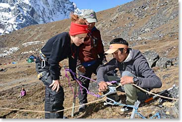 We did dry land training for the climb at base camp. Mingma explains the systems that will be used for the climb.