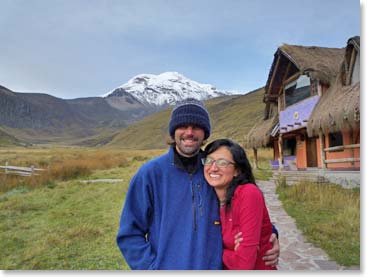 Ana and Andrew with their recent accomplishment, Chimborazo, in the background.