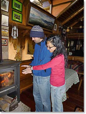 Warming up inside the cozy mountain lodge.
