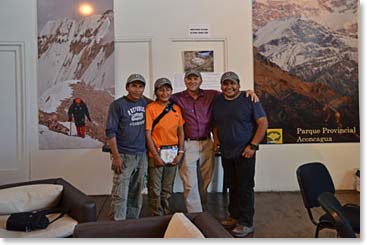 Sergio, Maria, Wally and Osvaldo get their Aconcagua climbing permits at the Provincial Park headquarters in Mendoza.