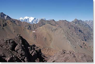 The views from the Chilean border that we visited by vehicle earlier this week. See the winding dirt road below?