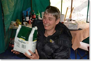 Paule holds a large bag of the Yerba Mate leaves.  We all agreed that we would not want Canadian Border Services to find this in our luggage when we return home.