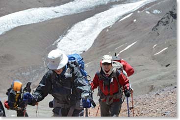 Paule and Linda climbing strongly toward Plaza Canada.