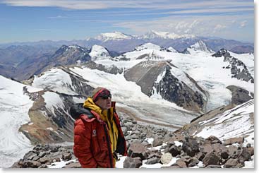 Our weather reports had not been good:  winds in excess of 60 kilometers on the upper mountain. Wally surveys the conditions above with concern.