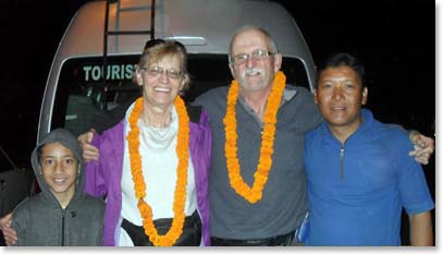 David and Joanne are met at the Kathmandu International airport by their local guide Rupa and her younger brother.