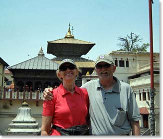 After a rested sleep, Joanne and David tour the streets in the big capital city of Kathmandu. Here they are standing in front of the Pashupatinath Temple, which is one of the most sacred Hindu temples of Lord Shiva.