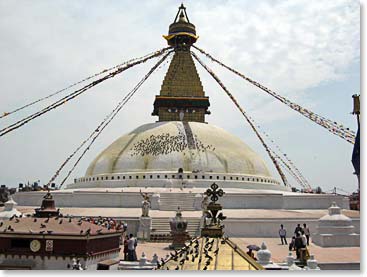 The stupa sits on the ancient trade route from Tibet and is one of the largest standing Buddhist stupas in the world.