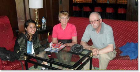 Down to more of a business matter,  Joanne and David sit with Rupa at the Yak and Yeti lounge for a briefing on their trek.