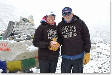 Joanne and Dave with a friend who made the long journey with them, proudly wearing the Rahr colors.