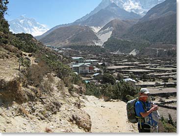 Jaythai on the trail as it enters the village of Pangboche, 13,100 feet.