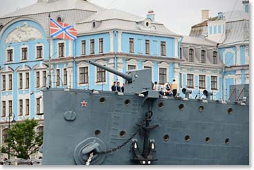 The Aurora was sunk during the siege of Leningrad during the 1940’s so that it could not be destroyed by the Germans.  Today it sits proudly next to the Russian Naval Academy.
