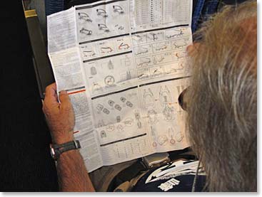 Lennie likes to be prepared. He was seen reading the instruction sheet for his new black diamond crampons on our Aeroflot flight from Moscow to Mineralnye Vody.
