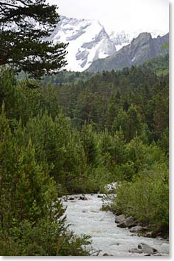 The rushing water of the Djantugan river which drains the glaciers on the Georgia border