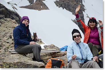 Karen, Karina, and Barbara take a break at the top of Cheget