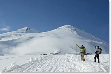 Jason and Hugo point to the twin summits