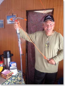 As soon as he heard that we were going to be storm bound in the barrels Mac began to look for projects to do. Wally had commented that his ice axe was too short and that