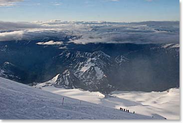 Early in the morning, our team climbing slowly over 16,000 feet on Mount Elbrus.