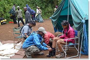 Getting our boots and gaiters ready.