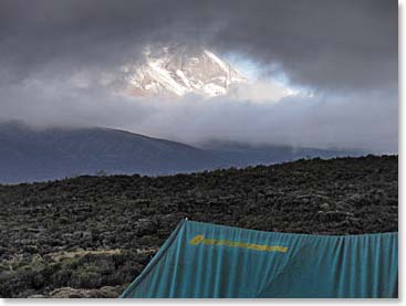 Our first glimpse as Kilimanjaro peaks through the clouds