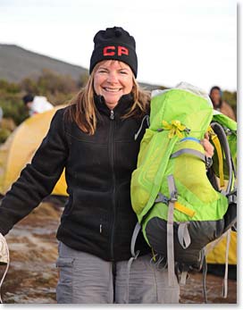 Lynne getting her tent organized for bed time