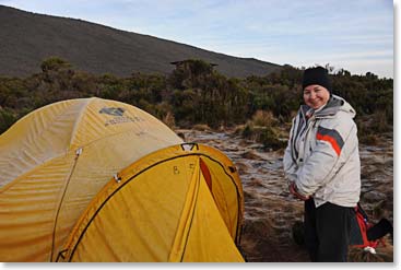 Teresa waking up after her first night camping