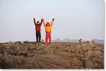 Pascale and Liz greet the morning at Moir camp