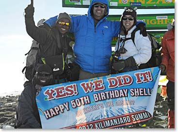 Shelley Harris’s 50th birthday was commemorated with a big banner on the summit of Kilimanjaro.