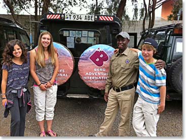 Our first stop Meserani – Liz, Stephanie , Philippe and Santos, one of Berg Adventures safari driver