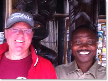 John with Berg adventures safari guide Abraham at our favorite shop - we are on the way to Tarangire!