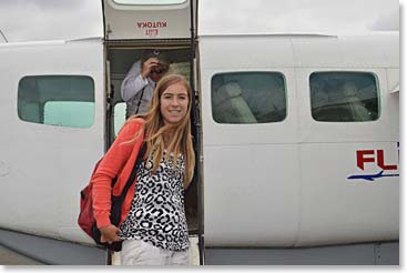 Back in Arusha, Steph smiling as she deplaned.