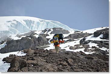 Porters moving the gear to Crater Camp