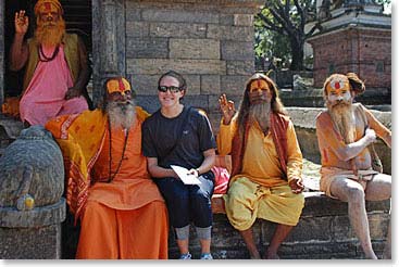 Our birthday girl, Liz, at school with some Hindu holy men