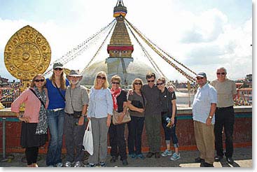 Team photo at Boudhanath - the largest Buddhist temple in Kathmandu Valley. Wendy wanted some rest before our early morning departure for the trek tomorrow, but the rest of the group is here.