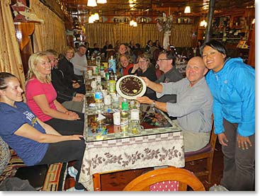 Rita at Panaroma lodge presented this Berg Adventures EBC trekking group with a “Welcome Back” cake at dinner, a great way to celebrate a perfect day of trekking and the beginning of a great adventure.