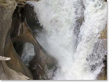 The rushing water and carved rock below were and awesome sight.