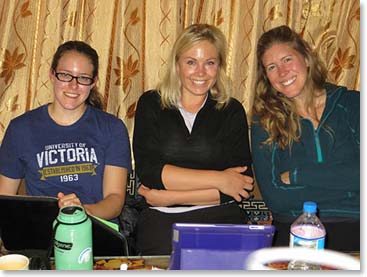 Liz, Alix and Tina relax at Panorama Lodge in Namche.
