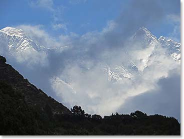The clouds were coming and going all day, be we had good views of Lhotse, on the right, and Everest, on the left.