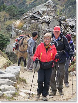 After lunch we hit the trail again. This was one of our longest days trekking. Sharon and Jim were still looking great after seven hours of hiking. Koncha’s brother Jeyta brought Ang Temba’s horse, Rana, out to meet the group on the trail below Pangboche for pleasure.
