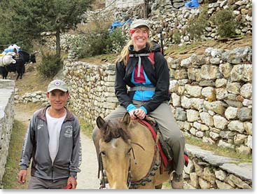 Tina decided to join in the excitement and ride “Rana” into Pangboche.