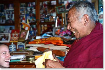 Lama Geshe and Liz share a laugh.