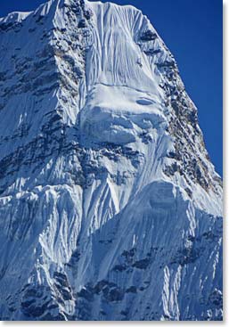 The “Dablam”, the hanging glacier on Ama Dablam, has broken away on the lower left side in recent years (photo right). The sight of this graceful and imposing mountain still defines our day as we walk around Pangboche.
