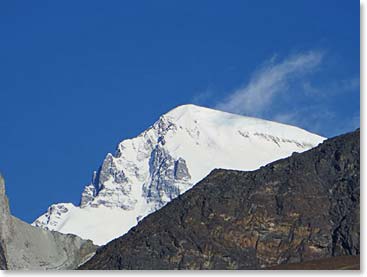 Up the valley we can see Cho Oyu, the sixth highest mountain in the world, 8201 meters, 26,906 feet.