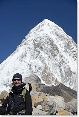 Clayton, with Pumori behind him, just before we arrived in Gorak Shep