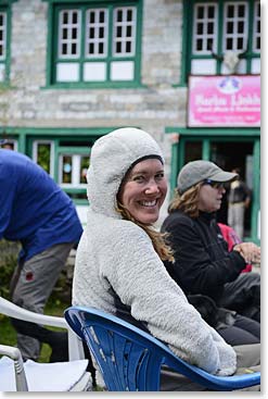 It was still chilly as we sat in the outdoor cafes at the end of our trail. Tina hood came in handy.