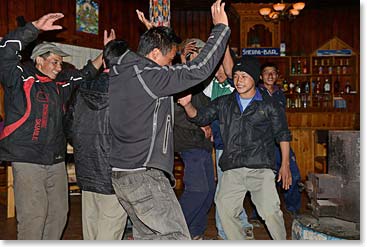 In the evening after dinner some of the staff began to show us both Sherpa and Nepalese dancing.
