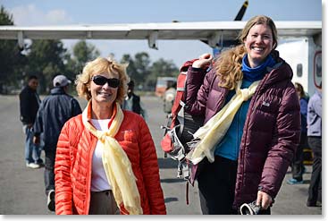Next morning we were back in Kathmandu. Wendy and Tina strep off our plane. Back in the city!