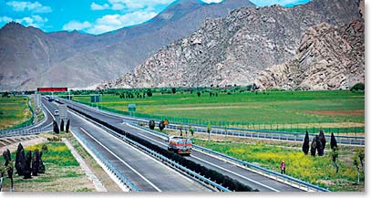 The first highway in Tibet, Lhasa-Gonggar Airport Highway was completed in July, 2011 - with a length of 38.7 kilometers, the new four-lane highway links Gonggar Airport to downtown Lhasa.